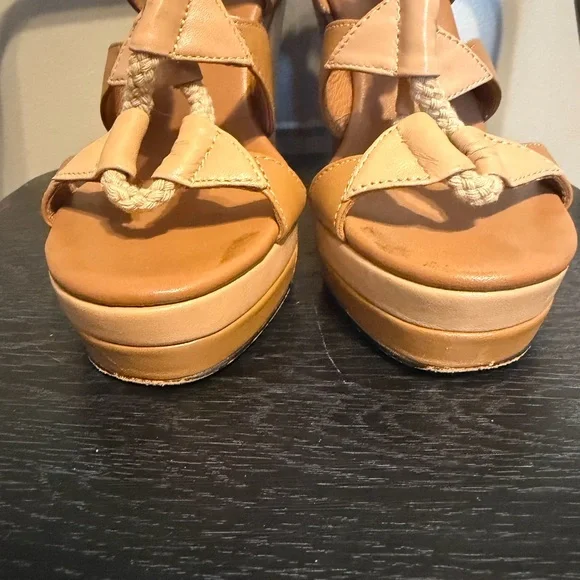 DVF Diane von Furstenberg Camel Leather Rope Wedge Sandals 7M - Picture 4 of 14